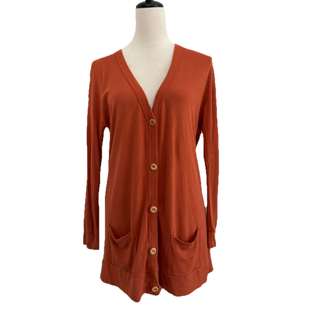 Kyte Living Cardigan Women Small Bamboo Jersey Blend Burnt Orange Casual Pockets
